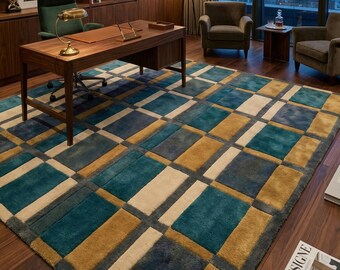 Hand Tufted Geometric Rug – Mid Century Modern Teal Ochre Carpet