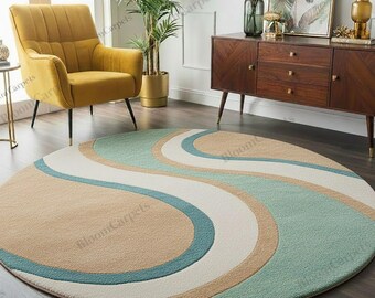 Round Geometric Area Rug, Mid-Century Modern, Retro Wave