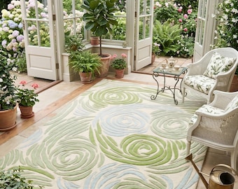 Hand Tufted Abstract Swirl Rug, Green Beige Sage Blue Carpet, Contemporary Living Room