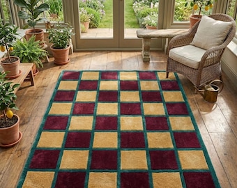 Handmade Burgundy Mustard Checkered Area Rug, Plush Geometric Living Room Carpet