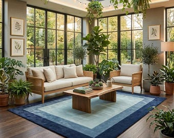 Hand Tufted Wool Area Rug, Modern Geometric Border, Navy Blue Living Room Carpet