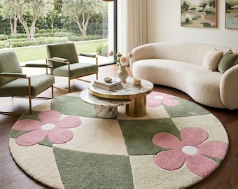 Round Floral Checkerboard Rug, Pink Flower Sage Green Botanical Carpet