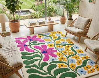 Vibrant Floral Hand Tufted Rug | Groovy 70s Botanical Area Rug | New Zealand Wool Carpet