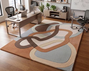Abstract tapijt uit het midden van de eeuw, neutraal geometrisch tapijt, Scandinavisch vloerkleed woonkamer