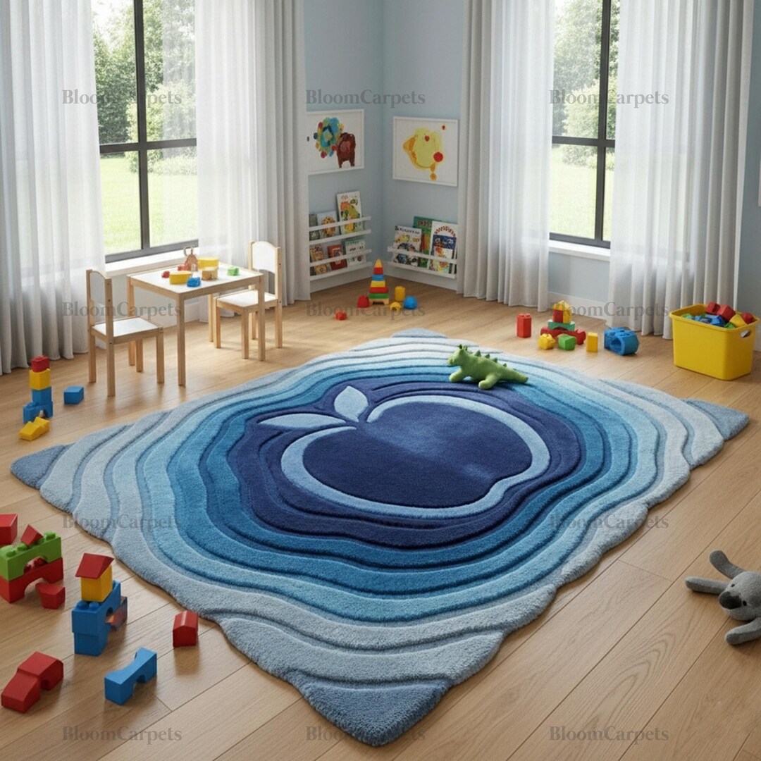 Hand Tufted Blue Apple Shaped Rug – Artistic Statement Carpet for Home ...