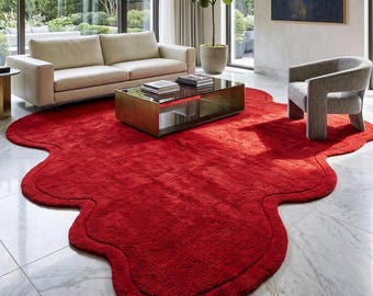 Handmade Abstract Red Organic Shape Rug, Plush Shaggy Contemporary Carpet