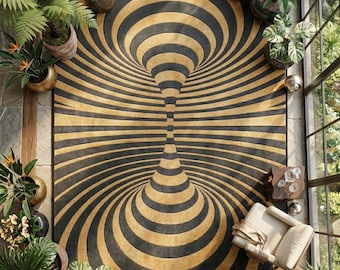 Black Gold Vortex Rug | Plush Geometric Swirl Carpet, Modern Abstract Design