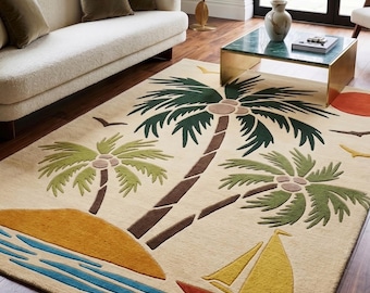 Hand-Tufted Wool Rug – Tropical Palm Tree Beach Sailboat Scene – Coastal Summer Decor