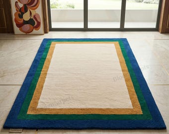 Hand Tufted Wool Rug, Cream Center Geometric Border Carpet, Blue Green Mustard Living Room