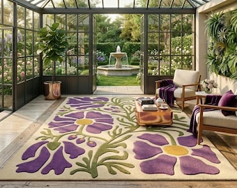 Hand Tufted Wool Floral Area Rug, Botanical Garden Carpet, Custom Size Home Decor