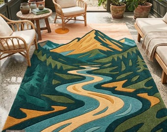 Hand Tufted Wool Mountain Landscape Rug, Scenic River Boho Forest Art