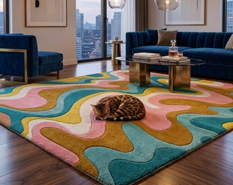 Handmade Abstract Wavy Tufted Rug, Modern Pink Blue Art Decor Carpet
