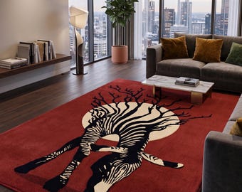 Abstract Zebra Tree Rug, Red Sun Boho Area Carpet, Modern Animal Art Home Decor