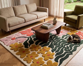Hand Tufted Floral Area Rug, Pink Mustard Botanical Carpet, Scandinavian Living Room Decor