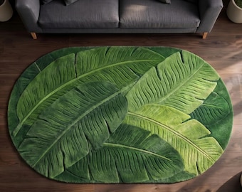 Rond tapijt met tropisch blad, botanisch bananenbladtapijt, op de natuur geïnspireerd woonkamerdecor