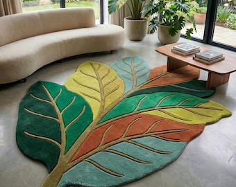 Bladvormig getuft vloerkleed, botanisch Scandinavisch natuurtapijt, organisch groen vloerkleed
