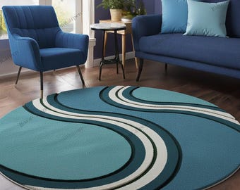 Hand Tufted Round Rug, Blue Abstract Wave Design, Modern Home Decor