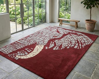 Handmade Red Elephant Rug, Modern Wildlife Statement Carpet, Living Room Decor