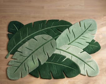 Handgemaakt tapijt met tropisch bananenblad, botanisch getuft tapijt Monstera, organisch modern decor