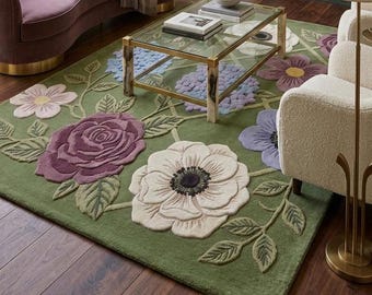 Hand Tufted Wool Floral Rug, Green Botanical Area Carpet, Living Room Decor