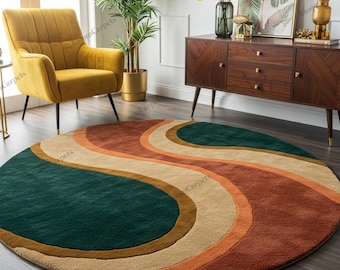 Retro Wave Round Rug: Mid-Century Modern Green, Orange & Beige