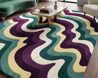 Handmade Abstract Wavy Area Rug, Purple Green Yellow Modern Carpet, Contemporary Home Decor