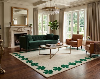 Handmade Wool Area Rug – Cream with Green Clover Border – Modern Minimalist Carpet