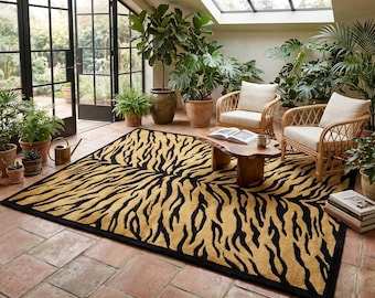 Hand Tufted Tiger Print Area Rug, Black Gold Safari Decor Carpet