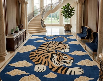 Handmade Tufted Tiger Carpet, Abstract Blue Statement Rug, Living Room Decor