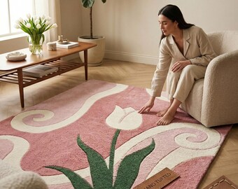 Pink Tulip Floral Rug, Wavy Abstract Pastel Carpet, Cozy Bedroom Living Room Decor