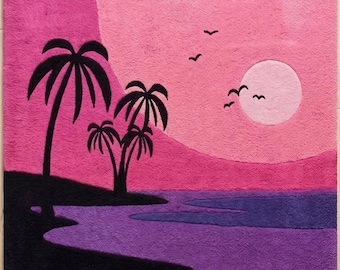 Hand-tufted Wool Rug, Tropical Beach Sunset, Palm Trees, Ocean Waves Carpet