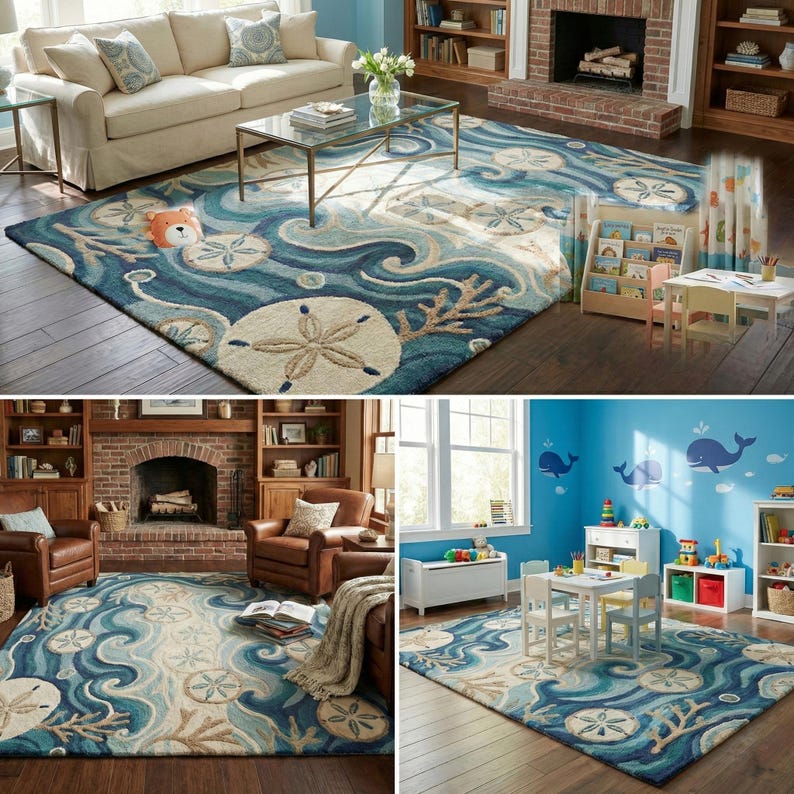 Sea Shell Patern Rug Hand Tufted Coastal Rug, Ocean Wave Seashell Design - Etsy