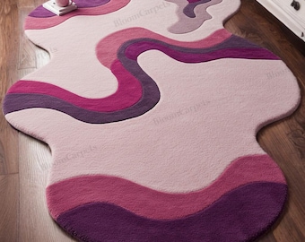 Abstract Wavy Area Rug: Modern Pink & Purple Irregular tufted Carpet