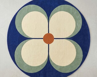 Hand-tufted Round Rug – Abstract Blue Green Floral Design, Boho Living Room Area Carpet