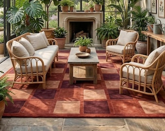 Handmade Brown Patchwork Wool Rug, Modern Geometric Living Room Carpet