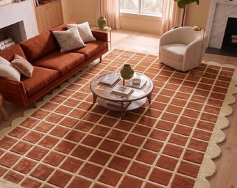 Terracotta Checkered Rug, Modern Grid Pattern Carpet, Scalloped Edges, Warm Living Room Decor
