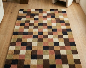 Handmade Geometric Wool Rug, Checkerboard Area Carpet, Beige Brown Pink Living Room