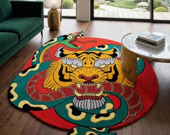 Bold Dragon Oriental Rug, Red Gold Asian Inspired Area Carpet