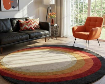 Mid-Century Modern Round Area Rug | Retro Concentric Circle Carpet | Orange, Black & Cream Statement Rug.
