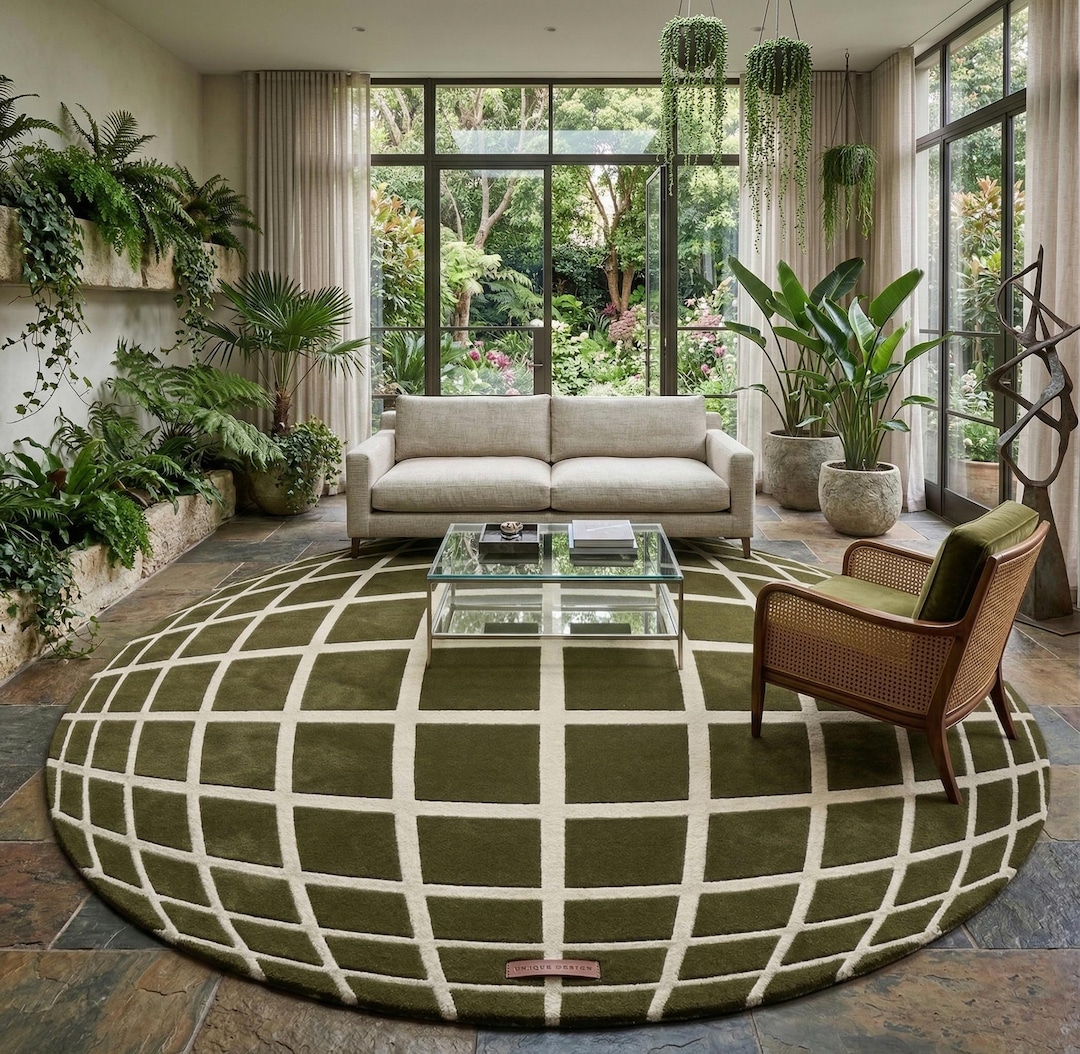 Olive Green Rugs Pattern Olive Green Round Rug, White Grid Pattern, Modern Geometric Carpet ...