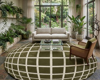 Olive Green Round Rug, White Grid Pattern, Modern Geometric Carpet, Minimalist Home Decor