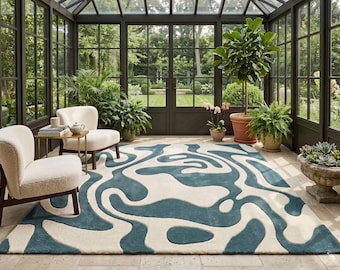 Handmade Abstract Teal Wave Tufted Rug, Contemporary Minimalist Floor Carpet