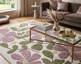 Hand Tufted Floral Wool Rug, Botanical Pink Flower Carpet, Modern Living Room Decor