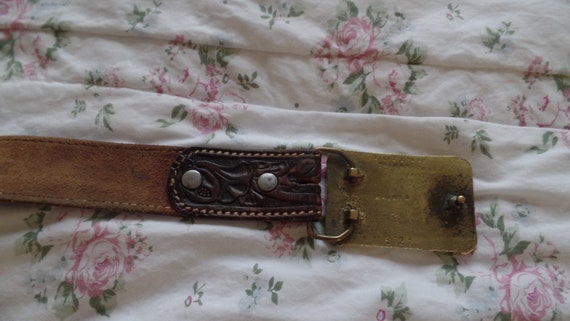 Vintage hand tooled Leather Belt Brass Belt Buckl… - image 3