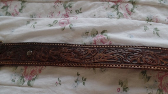 Vintage hand tooled Leather Belt Brass Belt Buckl… - image 4