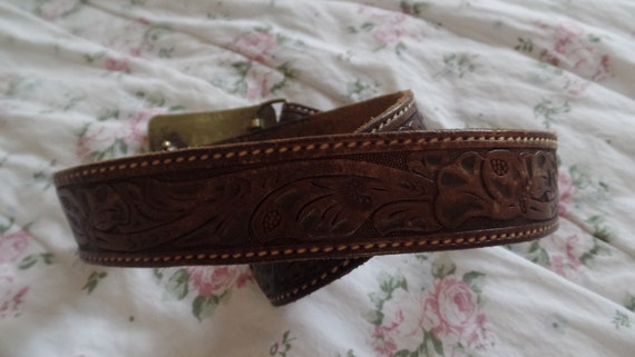 Vintage hand tooled Leather Belt Brass Belt Buckl… - image 5