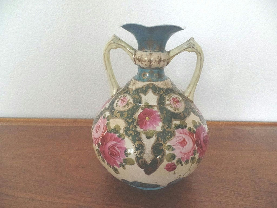 Antique Hand Painted Double Handle Vase Cottage Shabby Chic Roses - Etsy