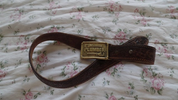Vintage hand tooled Leather Belt Brass Belt Buckl… - image 1
