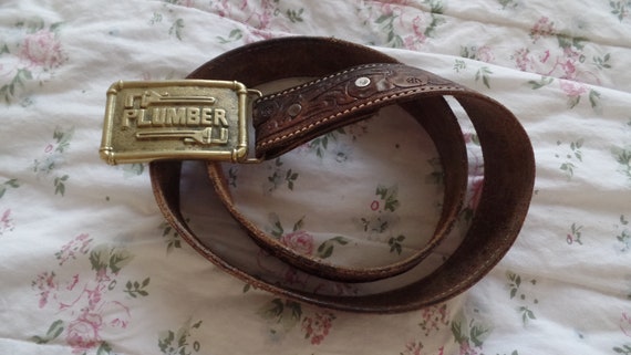 Vintage hand tooled Leather Belt Brass Belt Buckl… - image 6