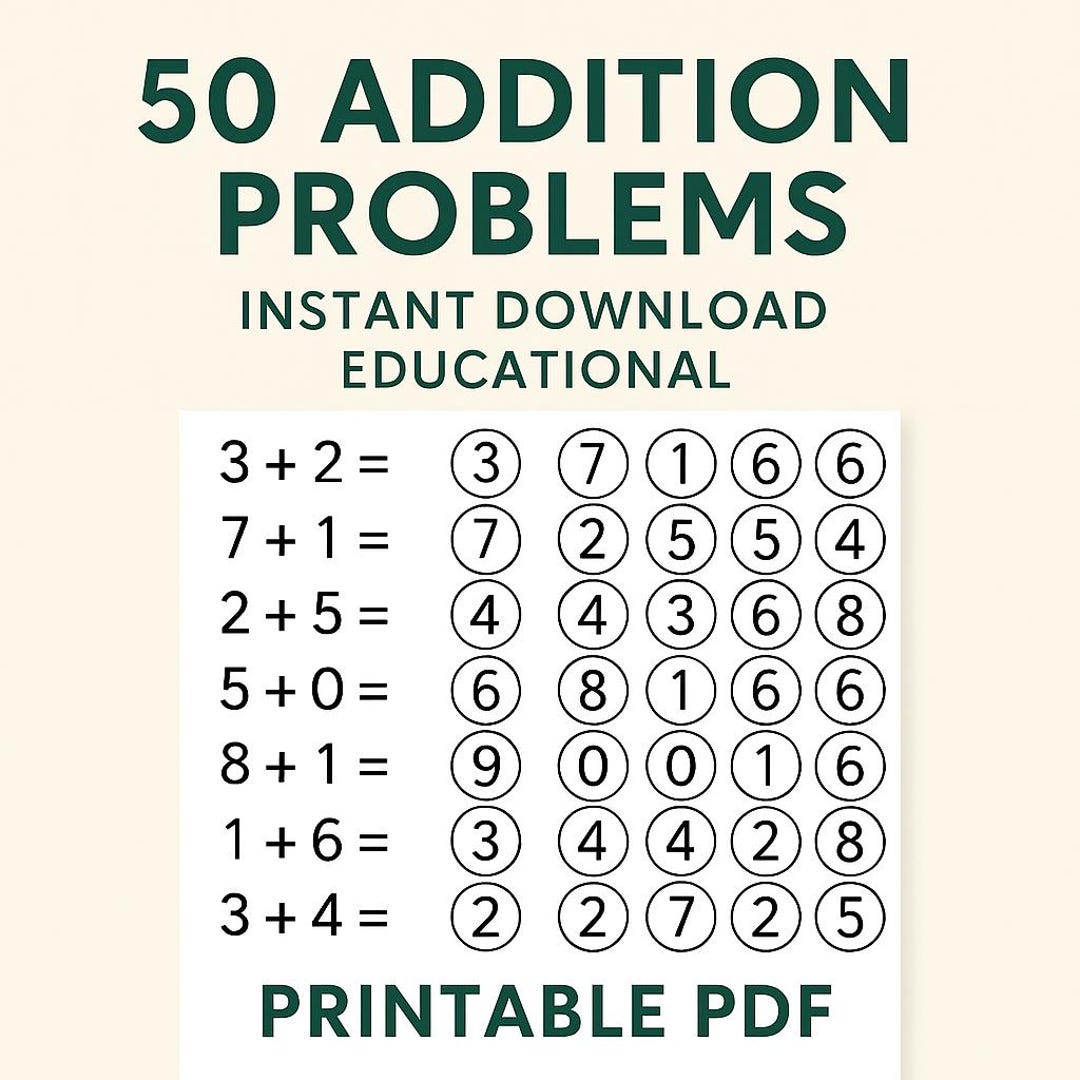 50 Addition Problems Worksheet: Math Printable for Kids (PDF) - Etsy